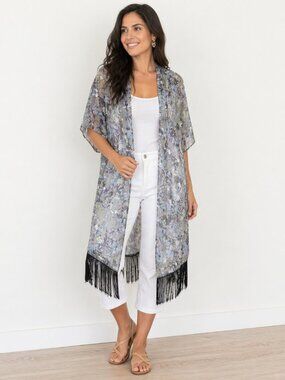 LuLaRoe Simply Comfortable SMALL Duster Green Floral Sheer Fringe Beach Cover Up
